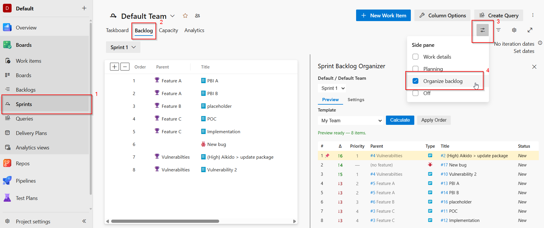 Organize backlog location in View Options